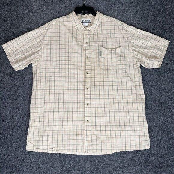 Columbia Shirt Mens XXL‎ Beige Plaid Short Sleeve Button Up Pocket Casual Cotton - Picture 1 of 7